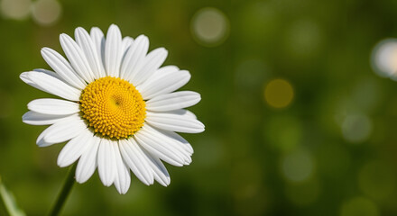 Obraz premium Closeup of a white daisy flower with yellow center on green background 