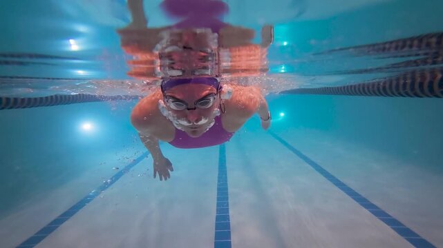 Female swimmer freestyle underwater performing flip turn in indoor pool