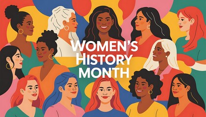 Diverse group of women celebrating women's history month with vibrant abstract background and powerful messaging for equality and empowerment