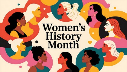 Women history month illustration with diverse women profiles and speech bubbles celebrating femininity empowerment and strength diverse women faces in colorful abstract background