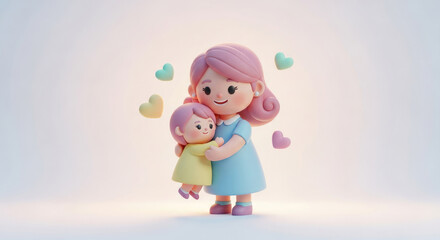 Cheerful Mom and Kid Hugging Background.