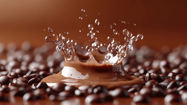 Liquid Crown on Coffee Bean Bed: A captivating display of a chocolate liquid crown erupting from a splash, set against a backdrop of roasted coffee beans.
