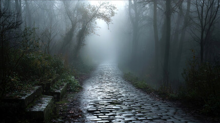 Obraz premium Foggy forest path with cobblestone surface surrounded by dense trees and underbrush, creating a mysterious atmosphere in a tranquil natural setting
