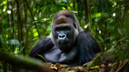 Obraz premium Majestic gorilla gazes intensely from lush jungle surroundings