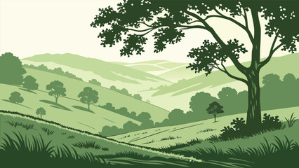 Green Mountain Valley Landscape Vector. © Alamin