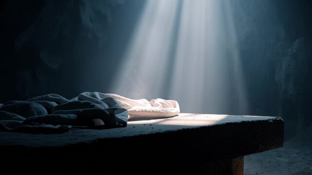 Empty tomb of Jesus Christ with burial shroud and divine light rays. Easter resurrection concept for Christian faith and hope.