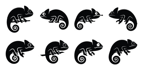 Set of silhouette chameleon in various poses isolated on background. Animal Vector elements for design. © ganesh106