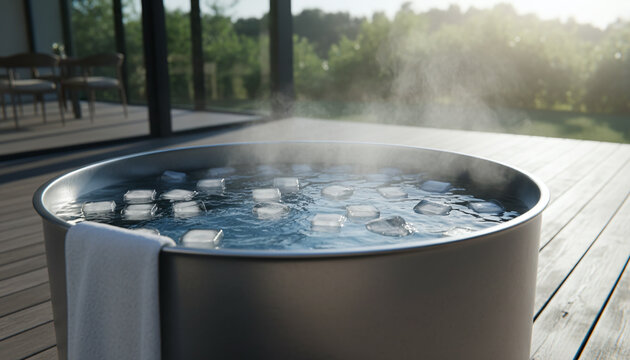 Modern stainless steel ice bath tub with floating cubes on outdoor deck