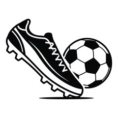 Black and white illustration of soccer cleat kicking a classic football ball isolated design for sports graphics
