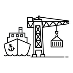 Cargo ship unloading containers with large port crane illustration for industrial shipping and logistics design