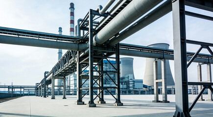 Industrial facility with cooling towers, striped smokestacks, and steel piping structures on clean concrete ground. Perfect for energy, manufacturing, and infrastructure visuals