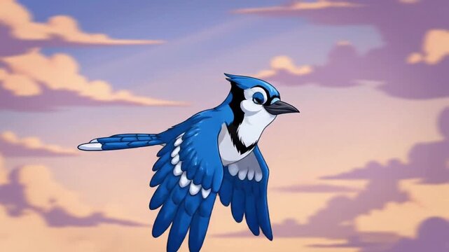 A cartoon blue jay bird in flight against a vibrant cloudy sky at sunset viewed from a slight angle