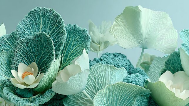 Abstract botanical composition featuring digitally rendered cabbage and floral elements