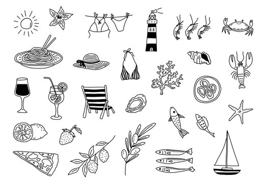 Summer beach doodle set with hand drawn seafood pizza and tropical vacation icons featuring line art decoration