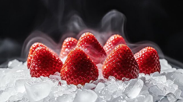 Frozen strawberries on ice with smoke, dark background, cooling