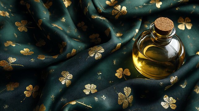 Elegant bottle resting on luxurious dark green fabric with gold floral patterns