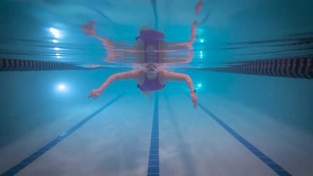 Swimmer performing breaststroke with split waterline view in indoor pool
