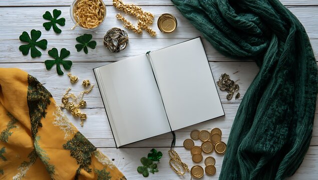 St patrick s day themed flat lay with notebook clover and golden accessories