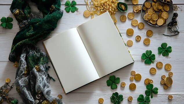 St patrick s day themed flatlay with open notebook and golden decorations