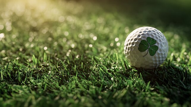 A lucky golf ball rests on vibrant green grass with a four leaf clover