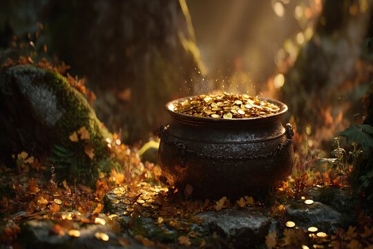 A mystical pot overflowing with golden coins in a lush forest setting