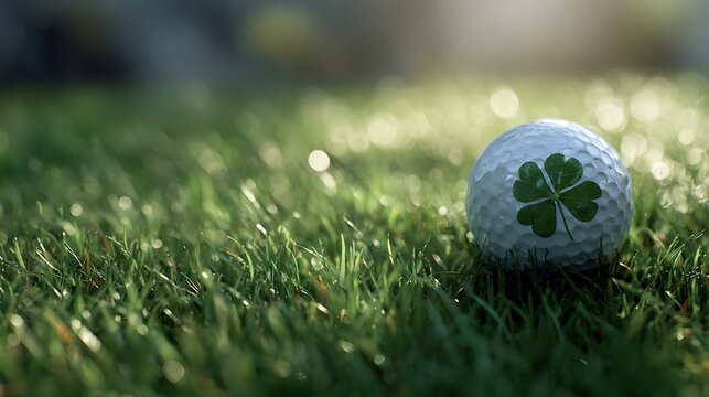 A golf ball with a four leaf clover imprint resting on green grass
