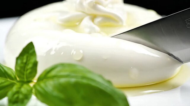 Cinematic macro of knife slicing fresh Burrata cheese. Creamy stracciatella filling flows like lava with olive oil and basil. Bright white aesthetic food video.
