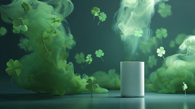 A white cylindrical device amidst swirling green smoke and floating clovers