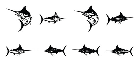 Fototapeta premium Set of silhouette marlin in various poses isolated on background. Animal Vector elements for design.