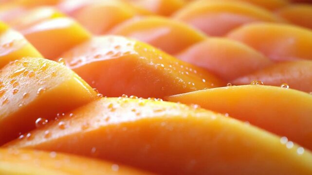 Mango Slices: A close-up view of fresh, succulent mango slices, arranged artfully, glistening with tiny droplets of moisture.
