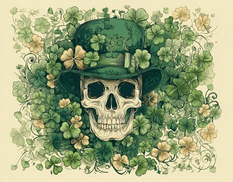 A skull wearing a green hat surrounded by clovers and floral designs