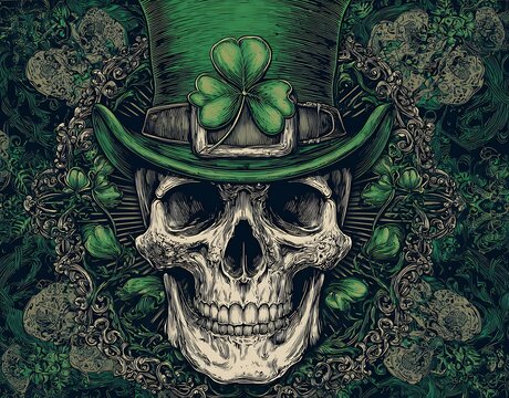 A spooky skull wearing a green top hat with a shamrock detail