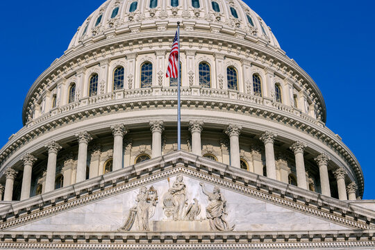 Detail of the United States Capitol building in Washington D.C., the meeting place for Congress and the seat of the legislative branch of the federal government.