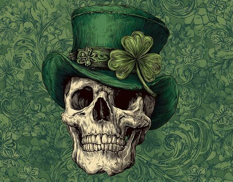 A spooky skull wearing a green top hat and shamrock decoration