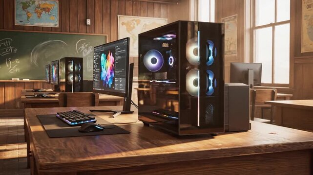 High-performance computer setup in a vintage classroom with chalkboard and wooden desks