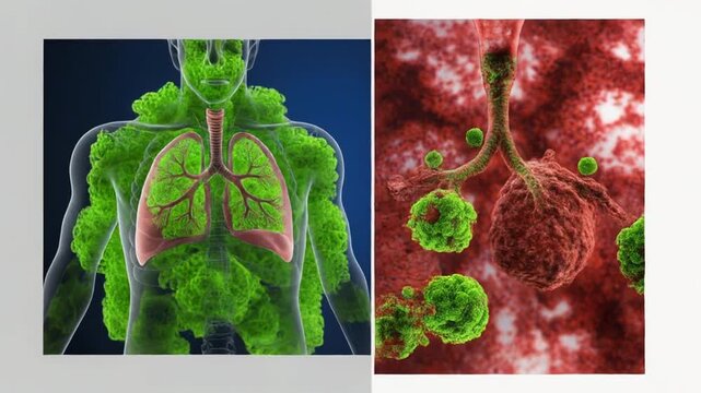 Human lungs and trachea with bronchial tubes, medical illustration, close-up of bronchitis in lungs