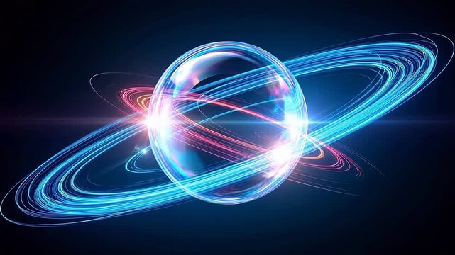 Glowing orb with orbiting light trails