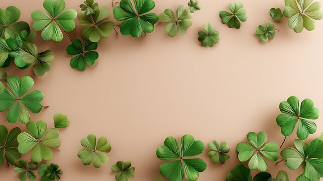 A scattering of vibrant green four leaf clovers on a soft beige background