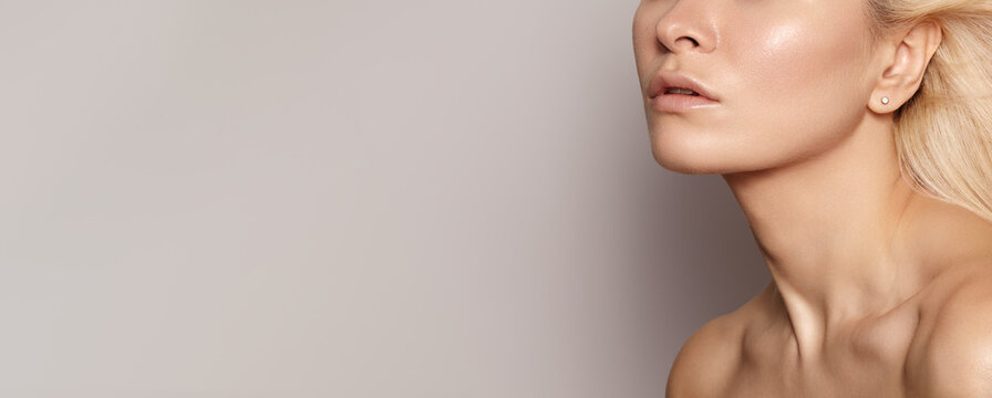Radiant Skin Showcase. Model With Luminous Complexion. Portrait Of Confident Woman Highlighting Skincare Qualities. Closeup Of Blonde Woman Revealing Natural Beauty And Skincare Glow, Cosmetic Brand
