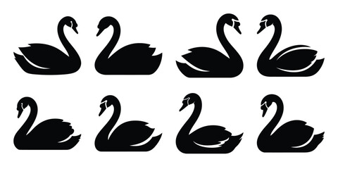 Set of silhouette swan in various poses isolated on background. Animal Vector elements for design. © ganesh106