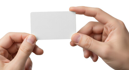 Obraz premium Two hands holding up a blank white business card or credit card isolated on transparent background png