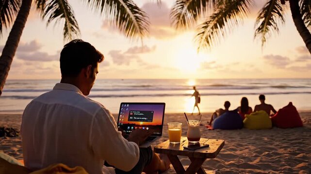 A man working on his laptop at a tropical beach with beautiful sunset background
