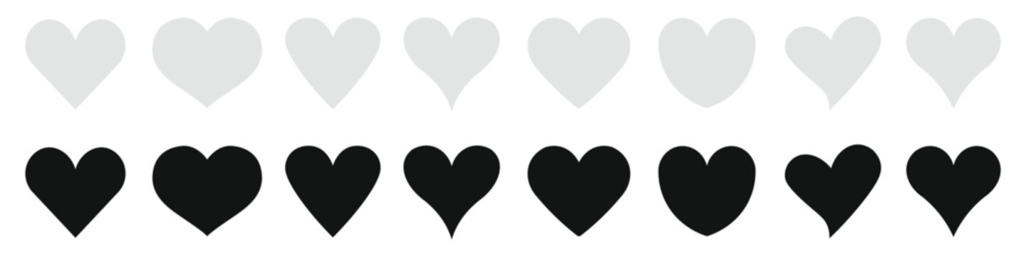 Heart icon set vector. Black and white love symbols in clean rows. Minimal monochrome design for UI and print use.