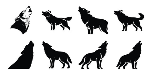 Set of silhouette wolf in various poses isolated on background. Animal Vector elements for design. © ganesh106