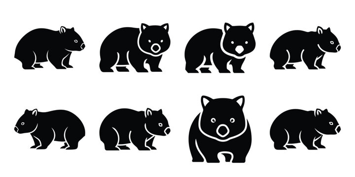 Set of silhouette wombat in various poses isolated on background. Animal Vector elements for design.