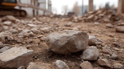 Close up of rough scattered concrete rubble and debris covering dusty ground at a demolition site