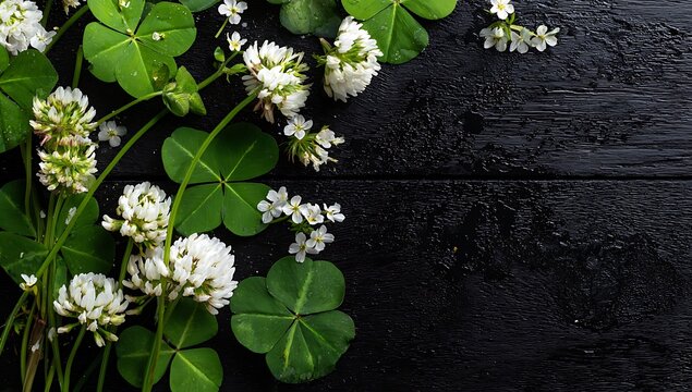 White clover blossoms and lush green leaves against a dark wooden background