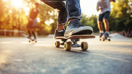 Low Angle Action Shot of Skateboarder Legs riding Skateboard on Concrete at Sunny Urban Park