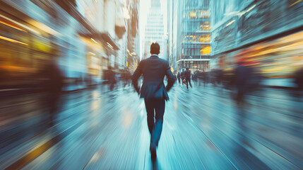 Businessman Rushing through City Street with Dynamic Zoom Motion Blur