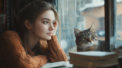 Thoughtful Young Woman with Tabby Cat looking out of Window on Rainy Day